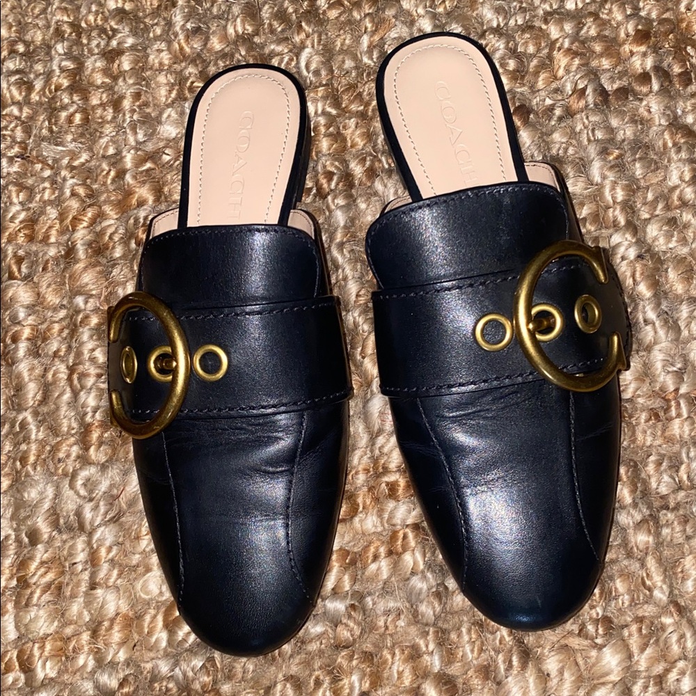 Coach Black Leather Mule Slides with Gold Ring Hardware - Picture 2 of 5